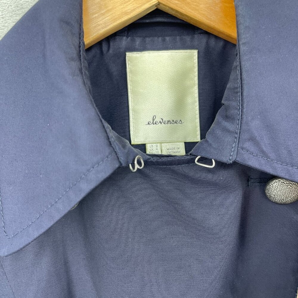 Elevenses Navy Ruffle Double Breasted Belted Mid Length Trench Coat - Picture 4 of 15
